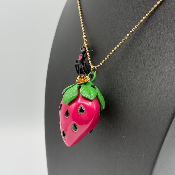 Betsey Johnson Picnic Strawberry Ant Pendant Necklace Pink Crystal Ball Chain - Picture 4 of 15